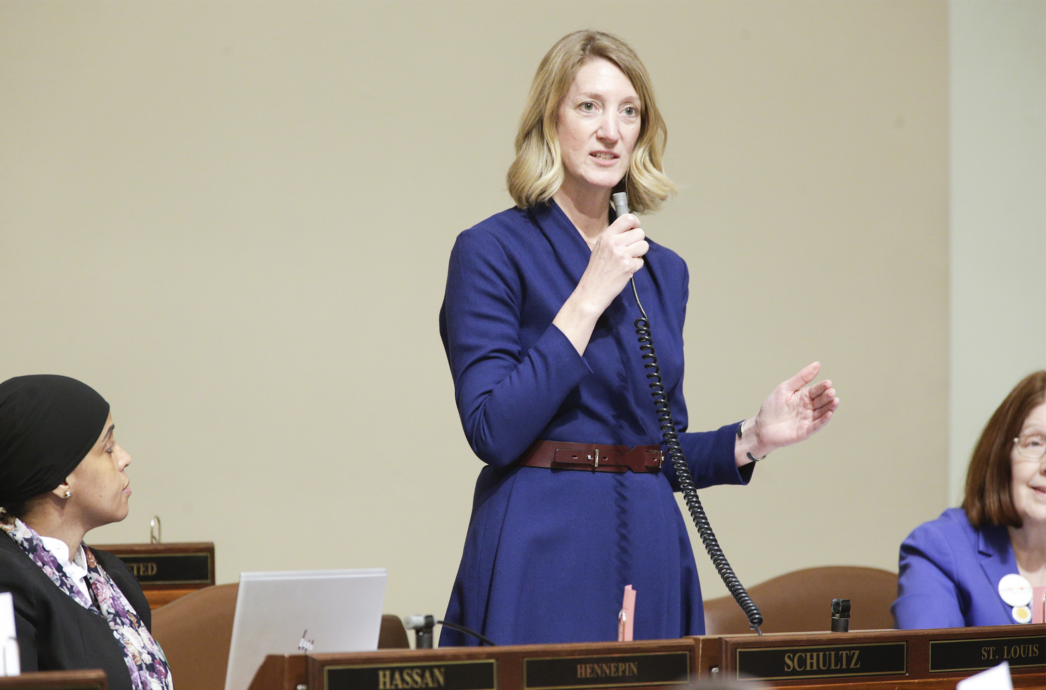 Rep. Jennifer Schultz answers a question during floor debate on her bill, HF90, which would establish resident and consumer protections for residents of assisted living facilities. Photo by Paul Battaglia